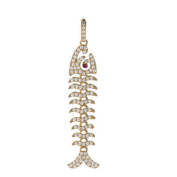 14k Yellow Gold Natural Pave Diamond Ruby Fish Skeleton Charm Pendant Jewelry