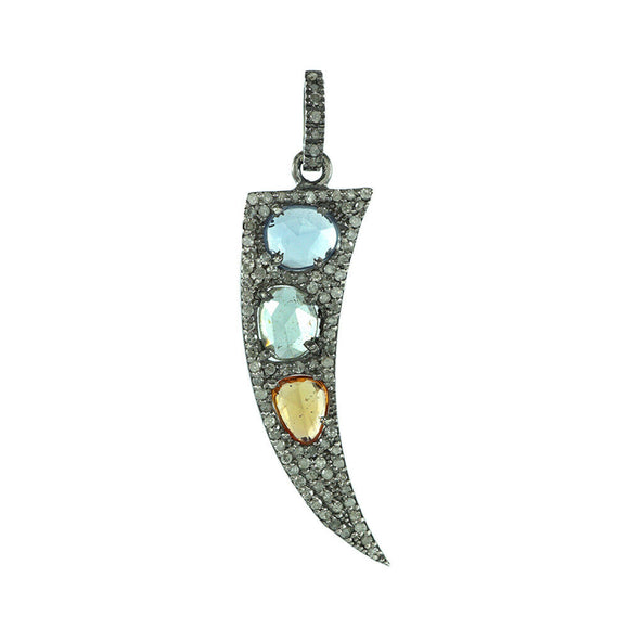 Natural Multi Sapphire Pave Diamond 925 Silver Horn Pendant Jewelry Handmade