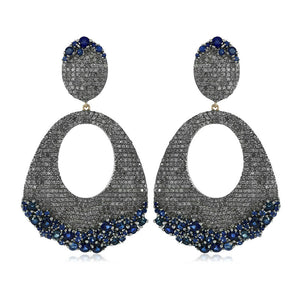 Natural Diamond Pave Blue Sapphire Dangle Earrings 925 Silver Women's Jewelry