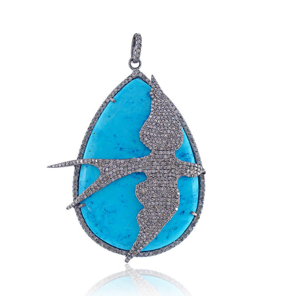 Blue Turquoise Gemstone Pear On Bird Pave Diamond 925 Silver Pendant Jewelry