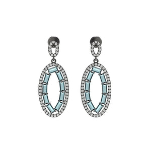 2.7cts Blue Topaz Baguettes Pave Diamond 925 Silver Oval Dangle Earrings Jewelry