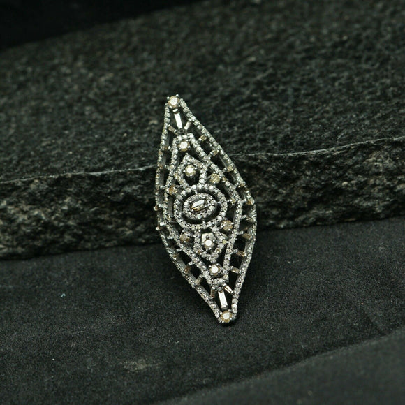 Victorian Style Natural Diamond Pave Long Ring 925 Solid Silver Handmade Jewelry