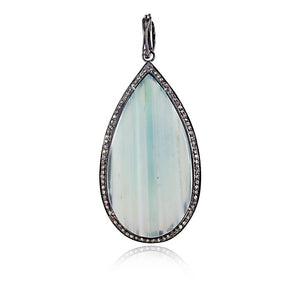 Solid 925 Silver 31.5ct Blue Agate Pear Shape Gemstone Diamond Pendant Jewelry