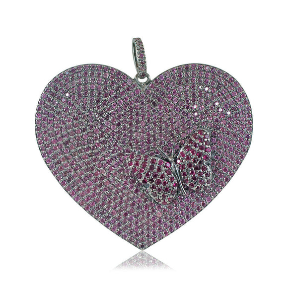 Natural Pave Pink Sapphire Ruby Butterfly Heart Pendant 925 Silver LOVE Jewelry