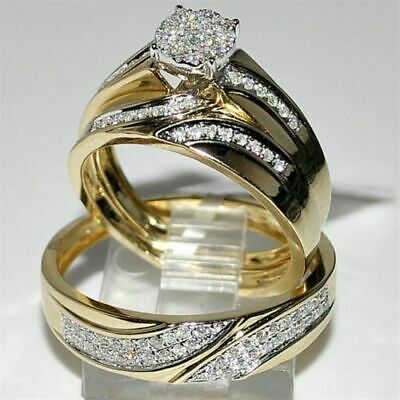 Trio His Her Bridal Engagement Ring Set Diamond Cut Wedding 14K Yellow Gold Over