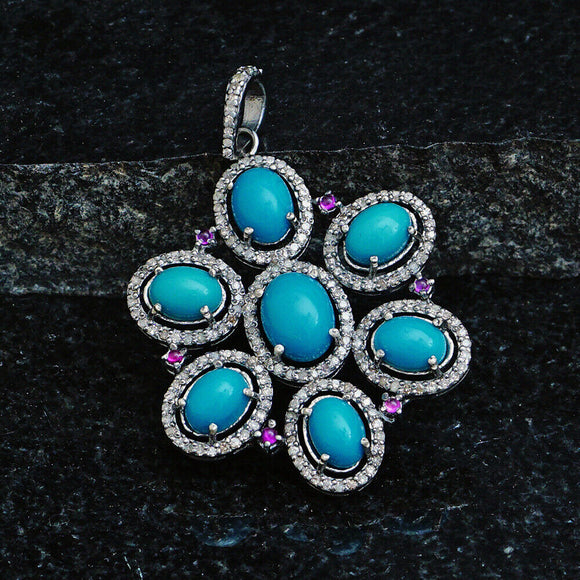 Pave Diamond Ruby and Turquoise Floral Pendant Silver Gemstone Vintage Jewelry