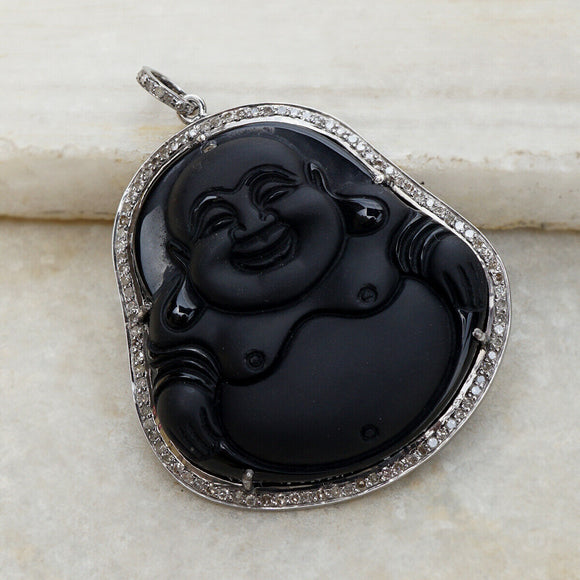 Pave Diamond Black Onyx Carving Buddha Pendant Sterling Silver Religious Jewelry