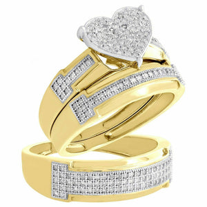 10K Yellow Gold Fn Diamond Trio Set Matching Heart Engagement Ring & Band 2 Ct.