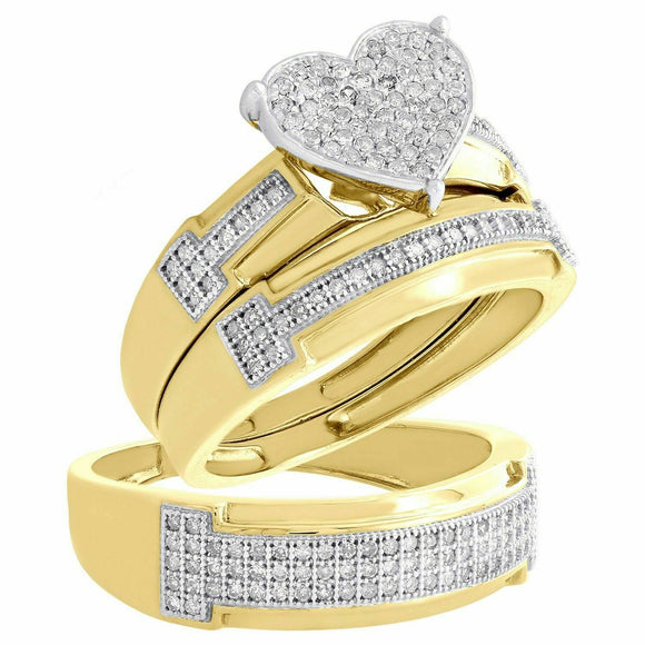 10K Yellow Gold Fn Diamond Trio Set Matching Heart Engagement Ring & Band 2 Ct.