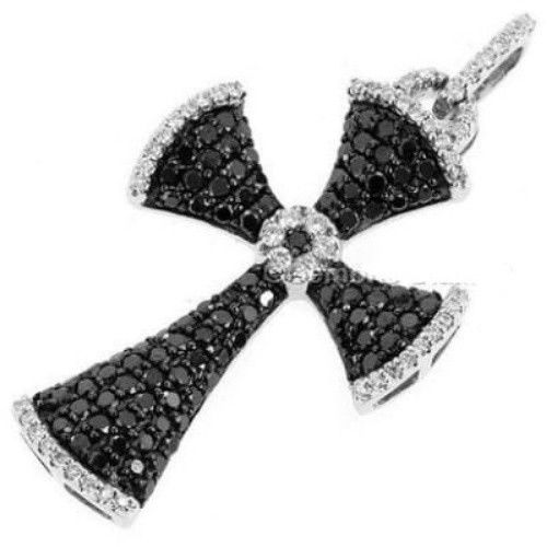 HipHop Style Pendant Celtic Cross Black Diamond Studded Solid Sterling Silver