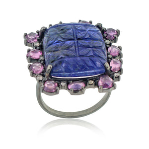 Blue Tanzanite Carving Sapphire Diamond 925 Silver Cocktail Ring Sz 7 RIMJ-483