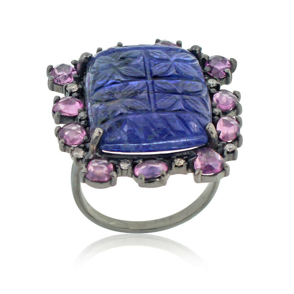 Blue Tanzanite Carving Sapphire Diamond 925 Silver Cocktail Ring Sz 7 RIMJ-483