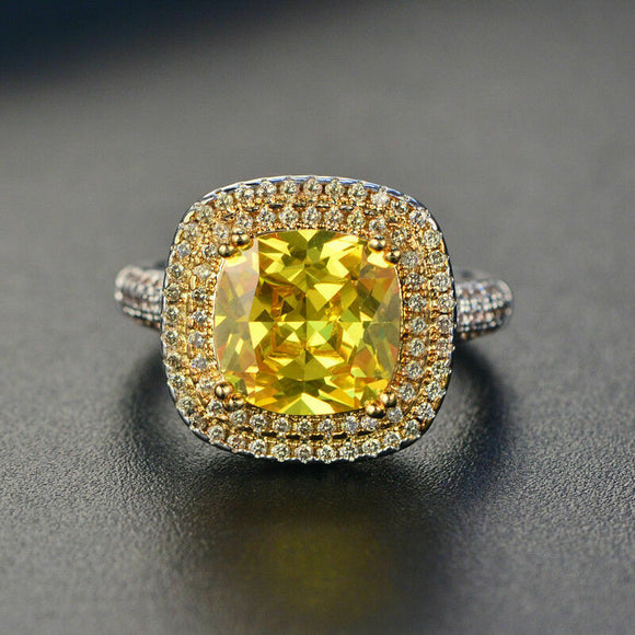 3.00 CT Cushion Cut Yellow Citrine 14k White Gold Over HALO Engagement Ring