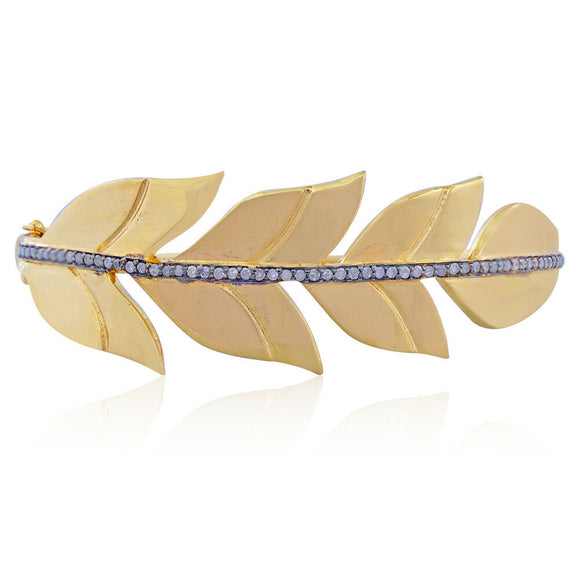 925 Silver Gold Plated Natural Pave Diamond Leaf Bangle Antique Jewelry BAMJ-114