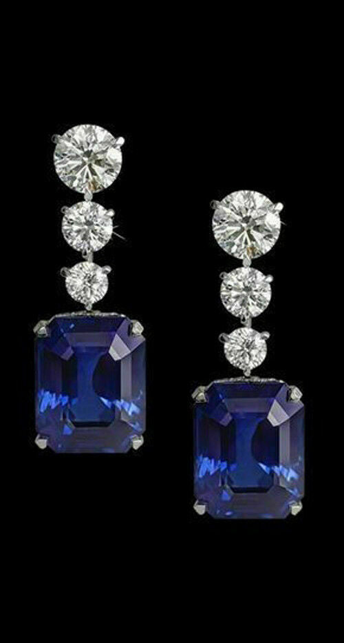 7.50 CT Emerald Cut Blue Sapphire Designer Inspired Long Drop & Dangle Earrings