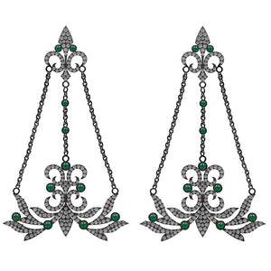 Natural Pave Diamond Emerald 925 Silver Fleur De Lis Chandelier Earrings Jewelry