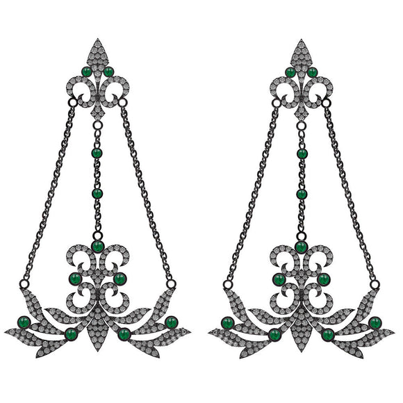 Natural Pave Diamond Emerald 925 Silver Fleur De Lis Chandelier Earrings Jewelry