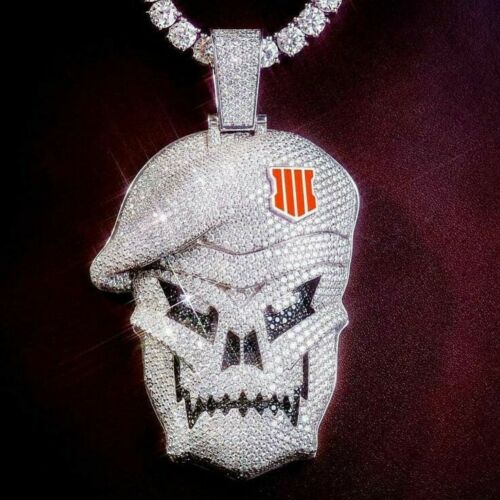 Pendant army General skull HipHop Style Diamond Studded Sterling Silver 925