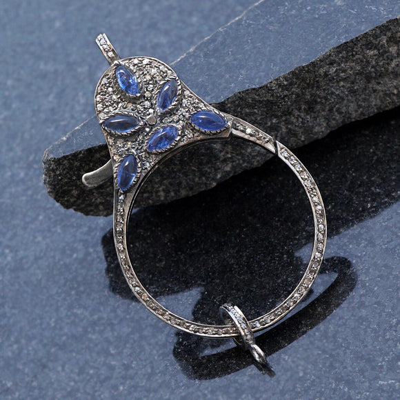 Natural Blue Sapphire Pave Diamond 925 Silver Clasp Lobster Finding Jewelry Gift
