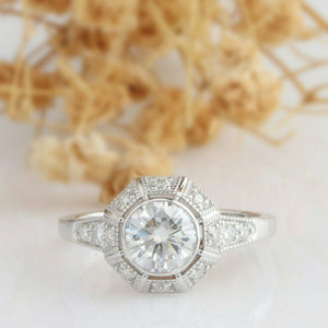 1.35 Ct Round Diamond Art Deco Milgrain Engagement Ring With 14k White Gold Over