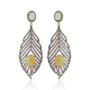 Ethiopian Opal Pave Diamond 925 Silver Gold Feather Earrings Jewelry EAMJOS-811