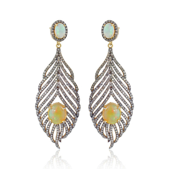 Ethiopian Opal Pave Diamond 925 Silver Gold Feather Earrings Jewelry EAMJOS-811