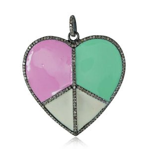 Multi Color Enamel Pave Diamond 925 Silver Heart 18" Chain Pendant PEMJOS-751