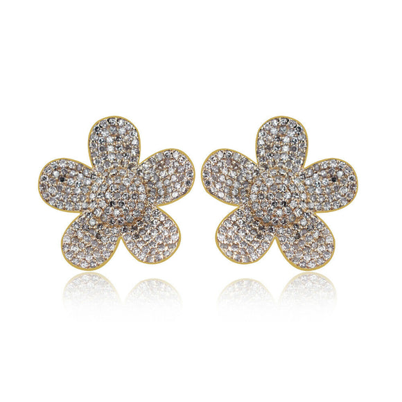 14k Yellow Gold Genuine Pave Set Diamond Flower Stud Earrings Handmade Jewelry