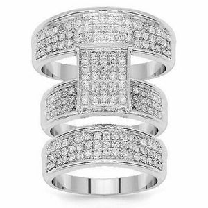 White Gold Over His and Her Diamond Engagement Bridal Wedding Band Trio Ring Set