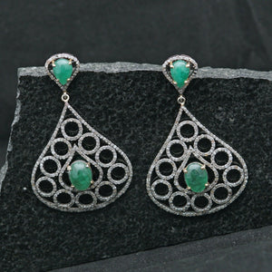 14k Gold Natural Emerald Diamond Dangle Earrings 925 Silver Vintage Look Jewelry