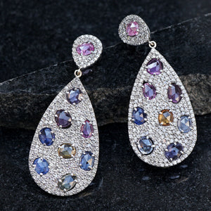 925 Silver Gold Natural Pave Diamond Multi Sapphire Drop Dangle Earrings Jewelry