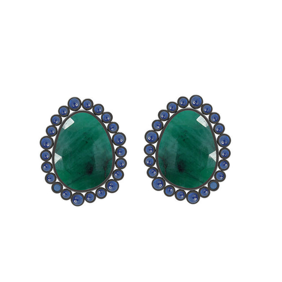 925 Sterling Silver Natural Emerald Blue Sapphire Women's Stud Earrings Jewelry