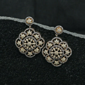 14k Gold Natural Diamond Pave Floral Earrings 925 Solid Silver Victorian Jewelry