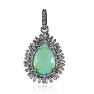 Natural Opal Pear Baguette Diamond 925 Silver Handmade Pendant Jewelry PEMJ-1149