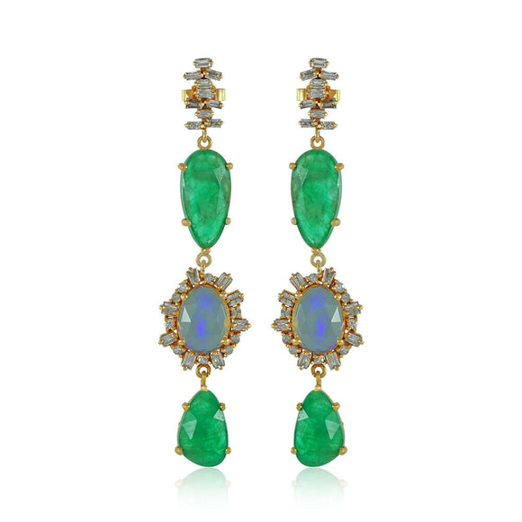 14k Yellow Gold Natural Emerald Opal Diamond Womens Earrings Jewelry EAMJ-944