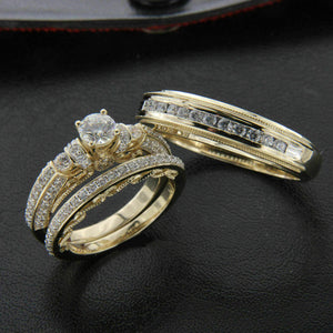 14k Yellow Gold Over Diamond Wedding His & Her Trio Set Bridal Engagement Ring