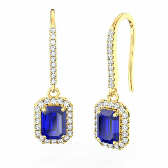 2.50 CT Blue Sapphire Emerald Cut Halo 18k Yellow Gold Over Pave Drop Earrings