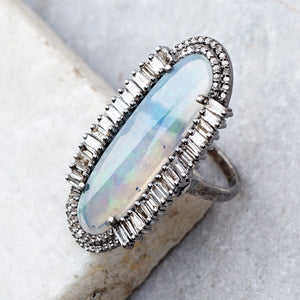 Natural Baguette Diamond Beautiful Opal Cocktail Ring 925 Silver Jewelry GIFTS