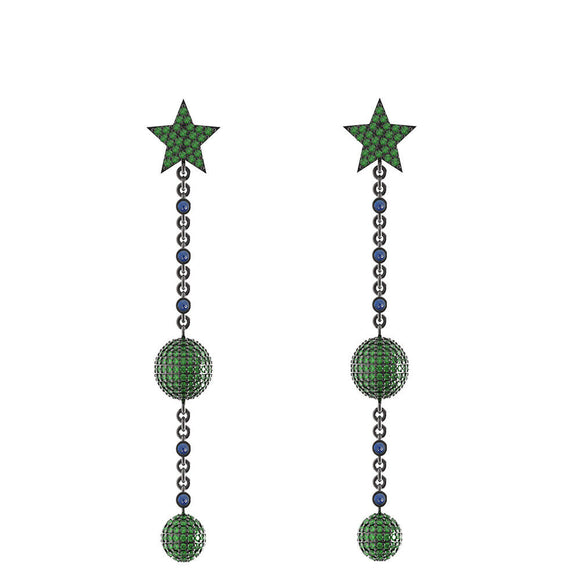 Natural Pave Chrome Diopside Sapphire Beads Star 925 Silver Earrings Jewelry