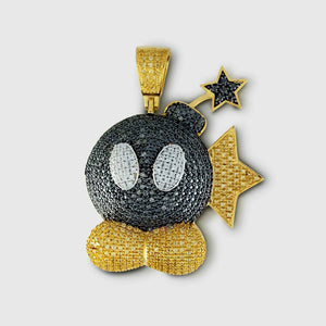 10K Yellow Gold Over Treated Canary & Black Diamond Mario Bomb Pendant 3.00 Ct