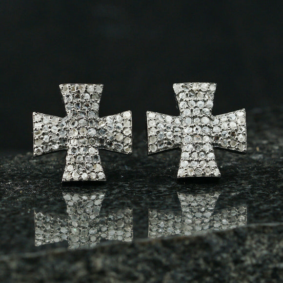 Handmade Natural Diamond Pave Cross Stud Earrings 925 Silver Jewelry Mini Studs