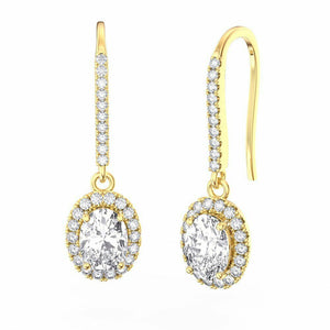 3ct Oval Cut D/VVS1 Diamond Halo 14k Yellow Gold Over 925 Silver Drop Earrings