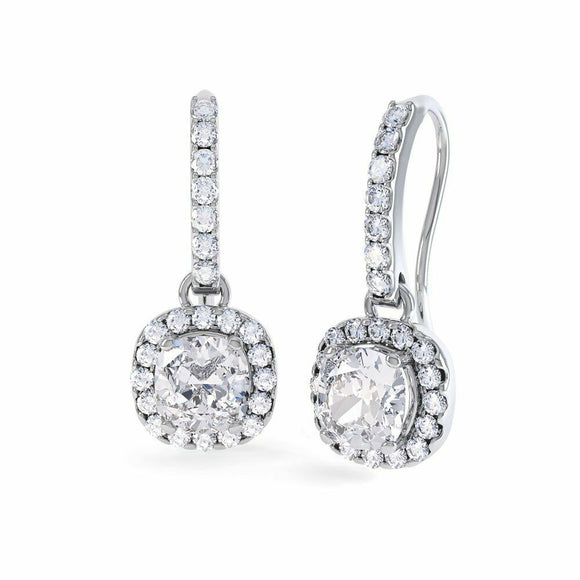 2ct Cushion Cut D/VVS1 Diamond Halo 14k White Gold Over 925 Silver Drop Earrings