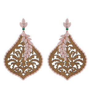 14k Rose Gold Natural Pave Diamond Emerald Wood Carving Dangle Earrings Jewelry