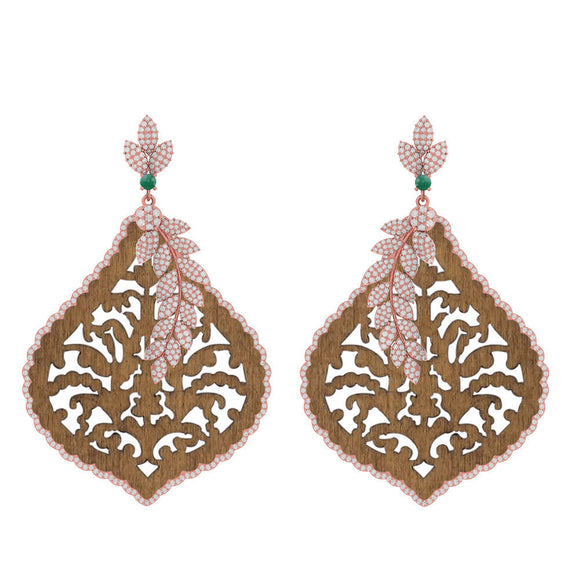 14k Rose Gold Natural Pave Diamond Emerald Wood Carving Dangle Earrings Jewelry