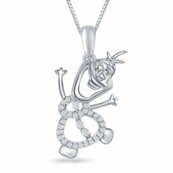 1/4 CT D/VVS1 Diamond 14k White Gold Over Olaf Charm Pendant 925 Silver Necklace