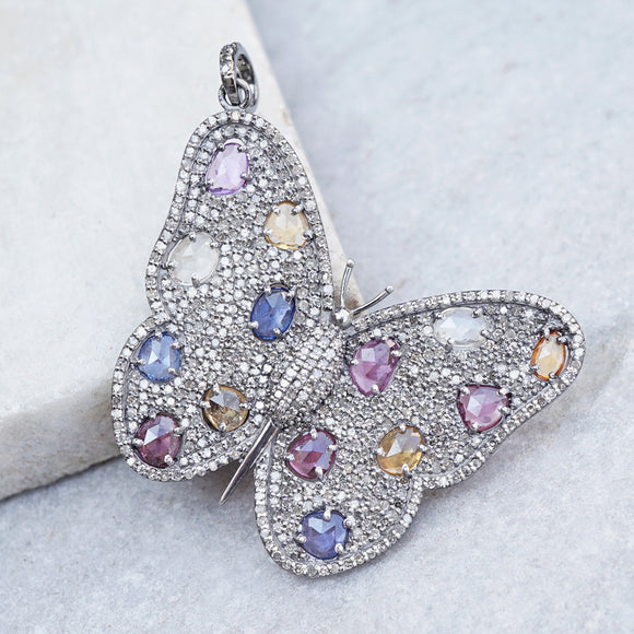 Genuine Pave Diamond Multi Sapphire Butterfly Pendant 925 Solid Silver Jewelry