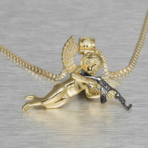 HipHop Style Pendant Unique Baby Angel Wings Gun Design Yellow Gold Finish