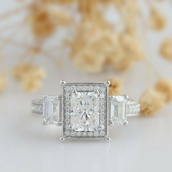 Diamond 3 Stone Ring 3 CT 14k White Gold Finish Emerald Cut HALO Engagement Ring