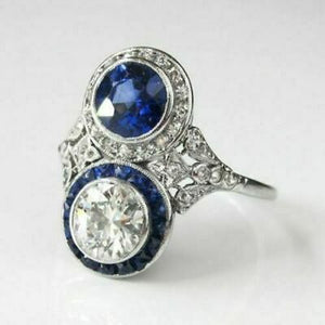 3.0 Ct White Diamond & Blue Sapphire Vintage Art Deco Engagement Ring 925 Silver